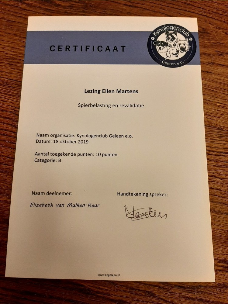 certificaat lezing Ellen Martens, RvB 10 pnt cat.B